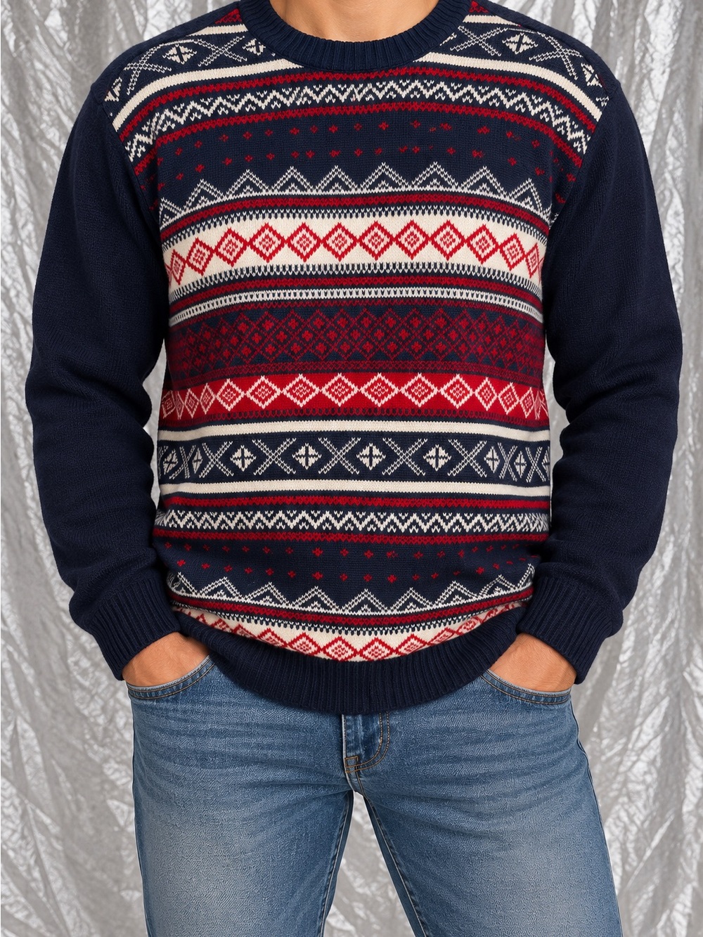 Dockers Men's XL Navy Fair Isle Crewneck Cotton Knit Logo Pullover Sweater